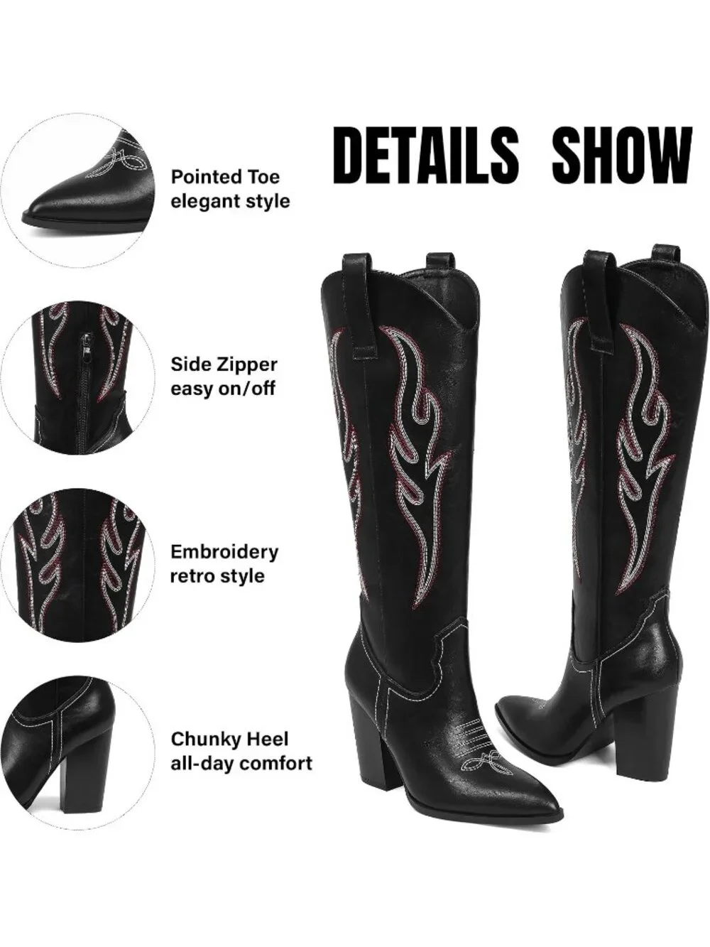 Women's Black Leather Embroidered Rhinestone Wide Calf Side Zipper Cowgirl Boots